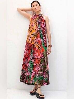 ROOPA PEMMARAJU x Anthro NWOT Maxi Dress Multicolor Floral Beaded Halter Size M